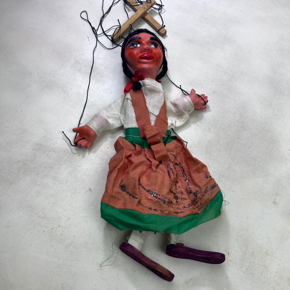 Vintage Mexican Marionette Puppet Hand Painted Folk Art Wood Composition Doll